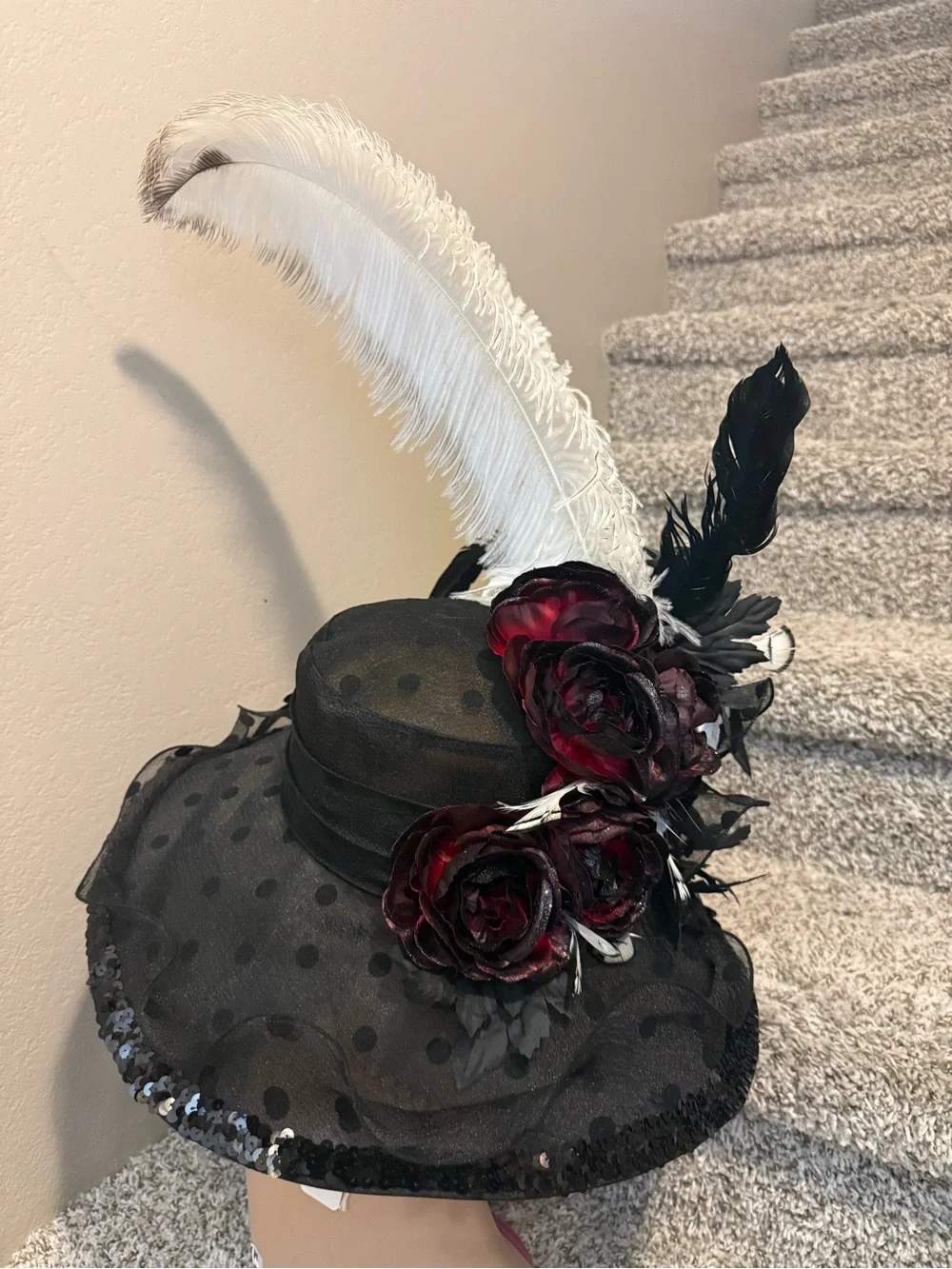 Elegant Black and White Feathered Floral hat blazing